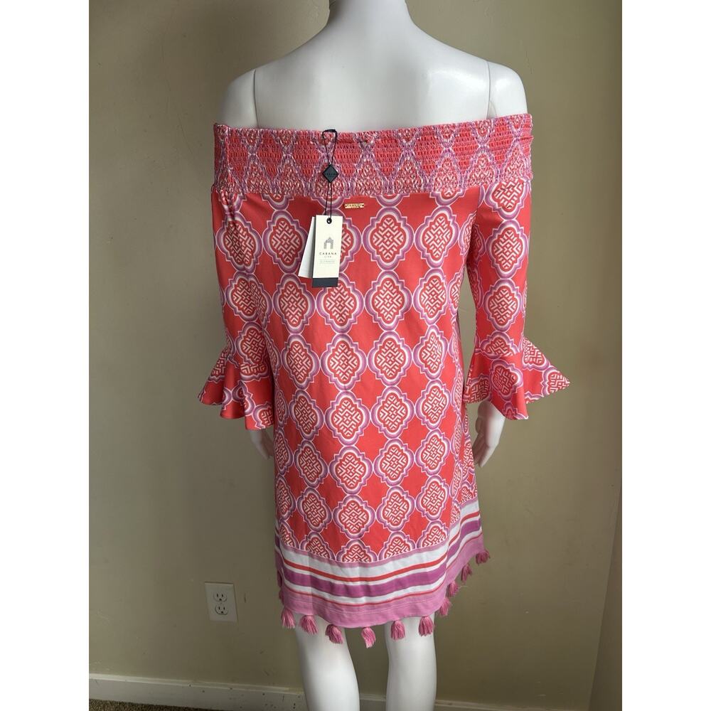 Cabana Life NWT Coral Geo Off Shoulder Tunic Dress Tassel Hem UPF 50 Beach M - Picture 3 of 12